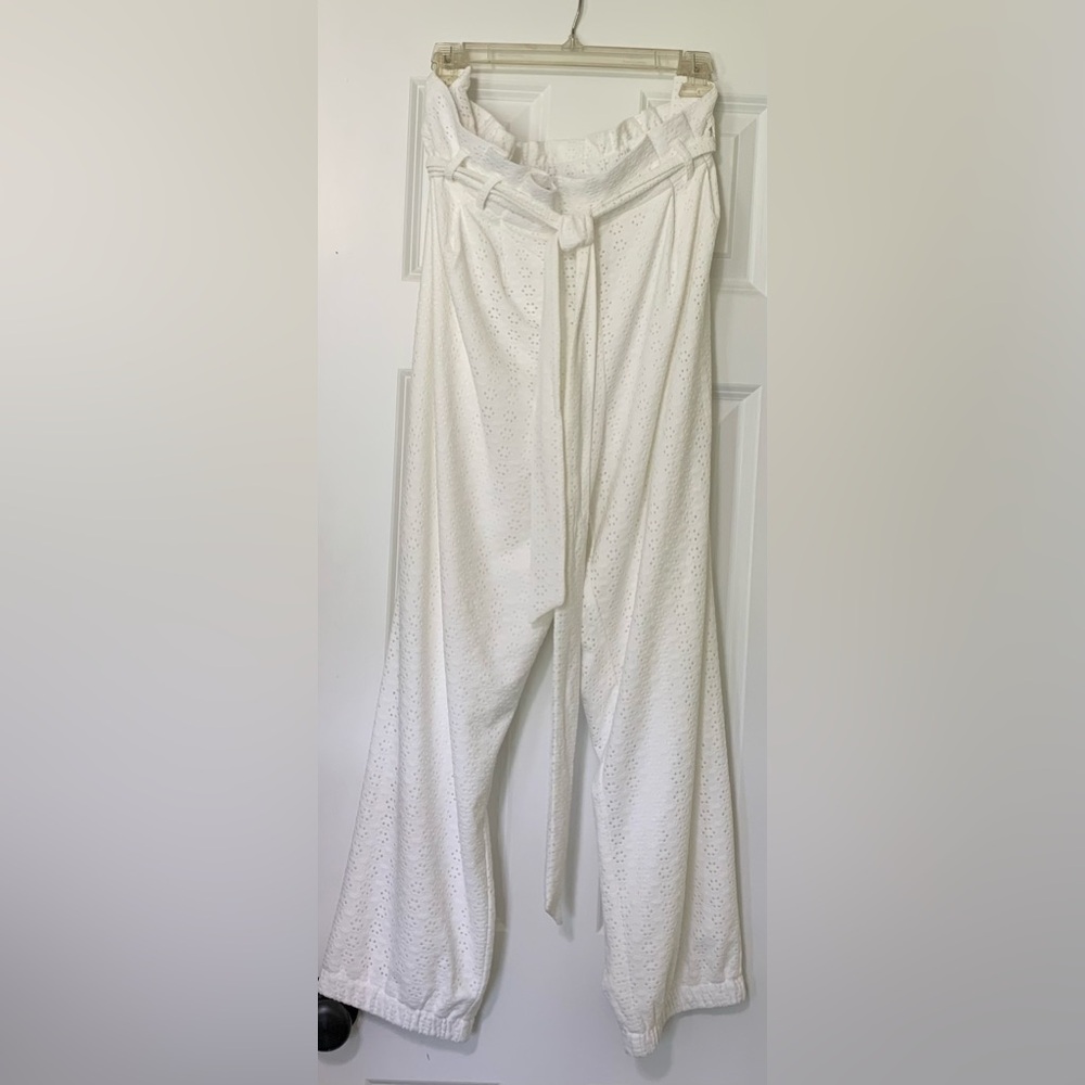 NWT L White Eyelet Lace Pants Lined C1946 Joggers Paper Bag Waist Tie Sash